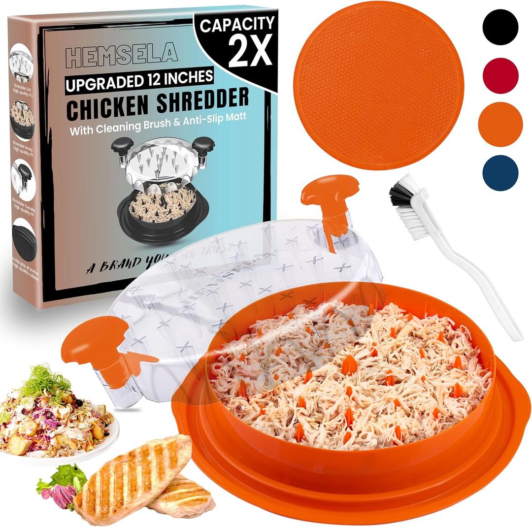 Chicken Shredder Tool Twist Large 12 with Visible Lid & Cleaning Brush | Meat Shredder Twist for Thin Chicken Breast | Dishwasher Safe Chicken Shredder Tool Twister & Food Shredder (Orange) (Pro Size - 12 Inch)