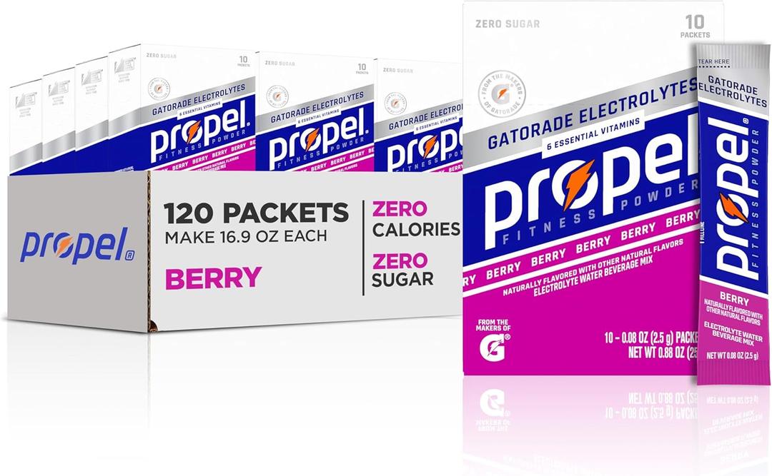 Propel Electrolyte Enhanced Water Drink Mix Powder Packets, Berry, Zero Calorie & 0 Sugar Hydration with Electrolytes and Vitamins C & E (120 Packets) (EXP 04/12/26)