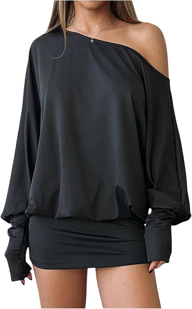 SOLY HUX Women's Long Sleeve Off The Shoulder Dress Y2k Mini Dress Streetwear Music Festival Outfits (Black, XS)