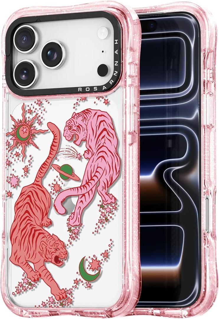 for iPhone 17 Pro Case Cute - Military-Grade 20 ft Drop Protection Shockproof Phone Case - Funny Tiger Design (6.3") Glitter Pink