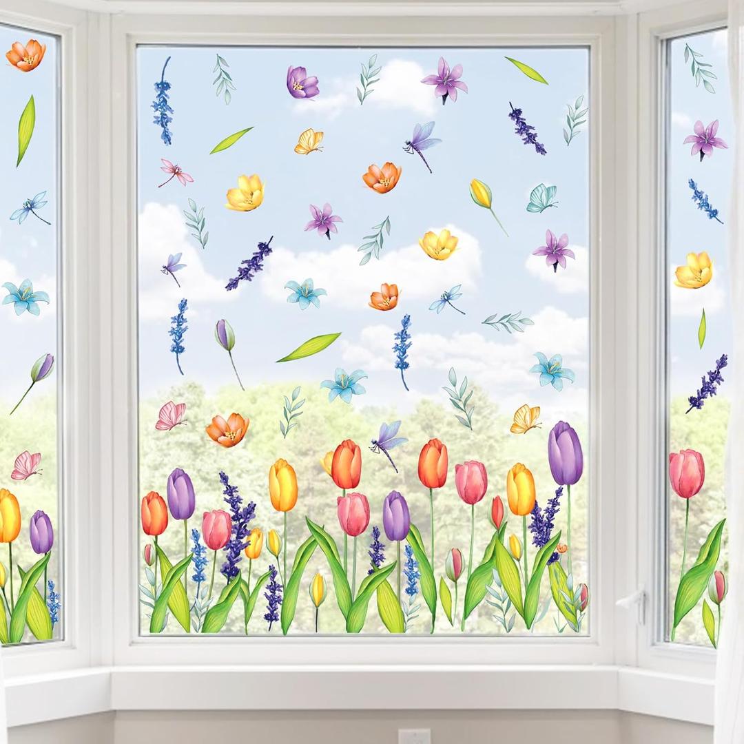 AKEROCK Spring Window Clings, Colorful Flower Static Window Stickers for Spring Decor, Decorations for Home