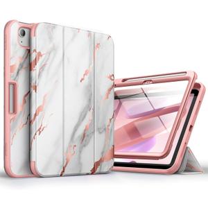 SURITCH Case for iPad (A16) 11th Generation 11 Inch 2025/iPad 10th Generation 10.9 Inch 2022, with Screen Protector, Pencil Holder Tri-fold Stand Auto Wake/Sleep Shockproof Protection, White Marble