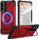 Magnetic Case for Samsung Galaxy S25 Edge 5G [Built-in Camera Ring Stand] [Screen Protector] [Military-Grade Protection] Heavy Duty Shockproof Protective Cover for Samsung S25 Edge 5G 6.66 inch, Red