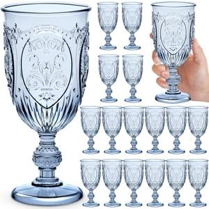 Wiwiqing 13 Pack Plastic Goblets 10oz Upgrade Vintage Water Goblet Plastic Wine Glasses Colored Retro Embossed Glassware for Party Wine Bar Juice Baby Shower Wedding Reception Grand (Blue)