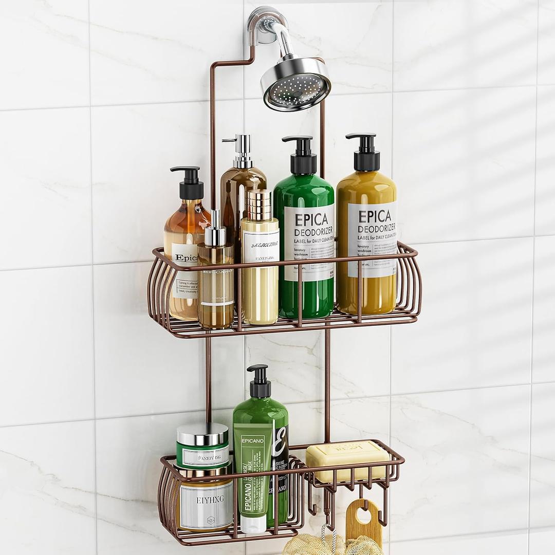 Epicano Shower Caddy Hanging, Anti-Swing Over Head Shower Caddy Rustproof with hooks for Towels, Sponge and more, Bronze