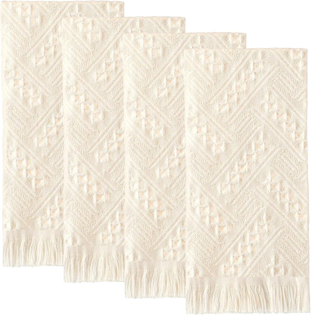 4 Pack Boho Bathroom Hand Towel 14 x 30 Inch 100% Turkish Cotton Decorative Boho Kitchen Hand Towel Farmhouse Bathroom Decor Set Absorbent Soft Guest Tea Gift(Cream White)