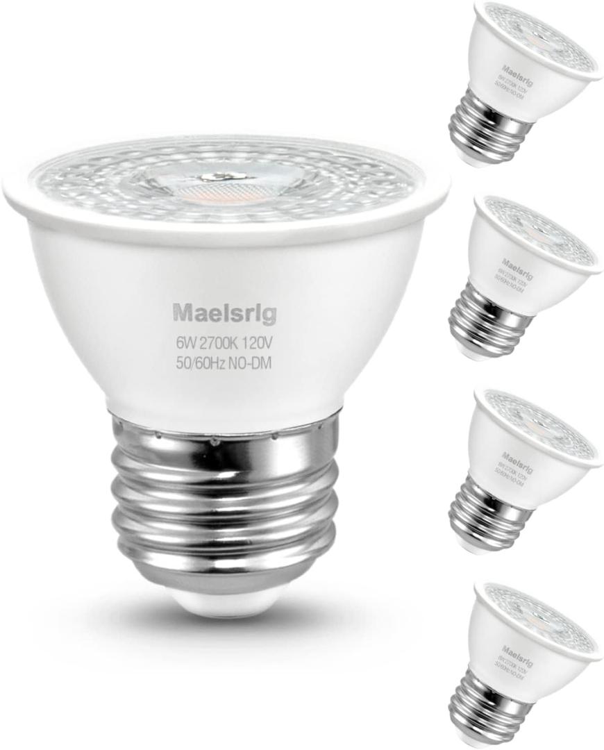 Maelsrlg PAR16 LED Short Neck Recessed Spotlight Bulb, 6W(60W Equivalent) Curio Cabinet Light Bulb, Flicker-Free, 600 Lumens, Soft White 2700K, E26 Medium Base, Non-Dimmable, 4-Pack
