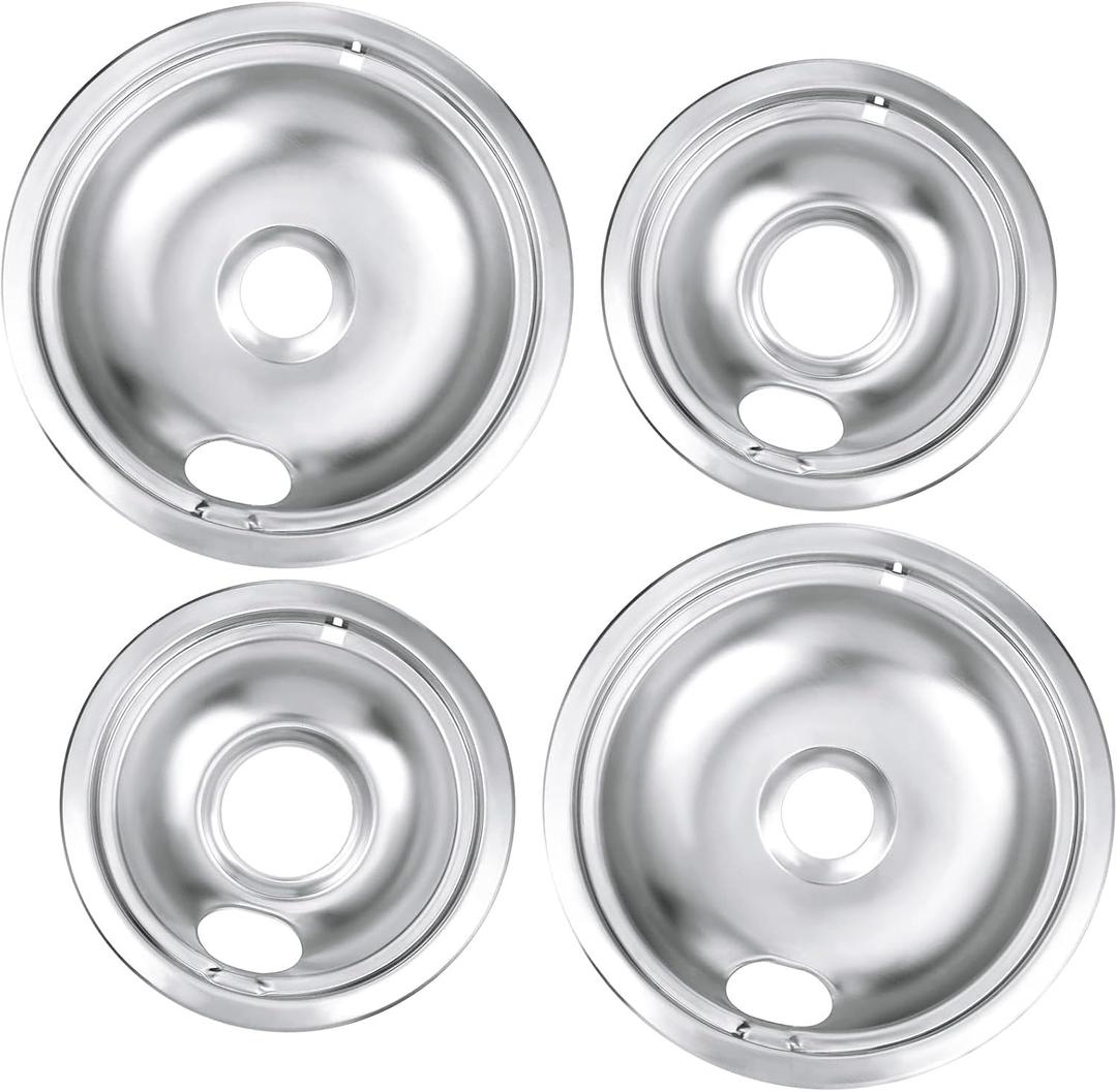 New Drip Pan Burner Stove Top Chrome Drip Pan, Stove Drip Pans Replacement Compatible for Most Plug-in Electric Ranges Whirlpool Frigidaire Kenmore include 2 * 6in and 2 * 8in