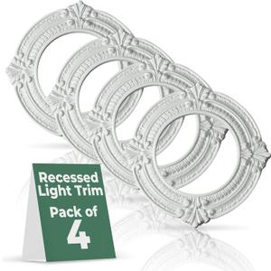 Renovators Supply Manufacturing White Recessed Ceiling Medallion Decorative Light Rosette High Density Polyurethane Foam Ornate Lighting Trim Water Resistant Ceiling Moulding ID 6" X OD 10" Pack of 4