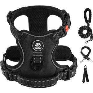 IVY&LANE No Pull Dog Harness for Small Dogs, Dog Vest Harness with Leash, Safety Belt and Storage Strap, Fully Adjustable Harness, 360° Reflective Strip, Soft Handle (Black, S)