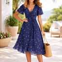 Summer Dresses for Women 2026 Floral Chiffon Dress Casual Short Sleeve Empire Waist Midi Dress Beach Vacation Outfits (M)