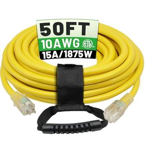 POWGRN 50 Ft 10AWG Outdoor Extension Cord Waterproof Heavy Duty 10 Gauge 3 Prong, Flexible Cold-Resistant Long Power Cord Outside with Lighted Indicator End, 15Amp 1875W SJTW Yellow ETL Listed