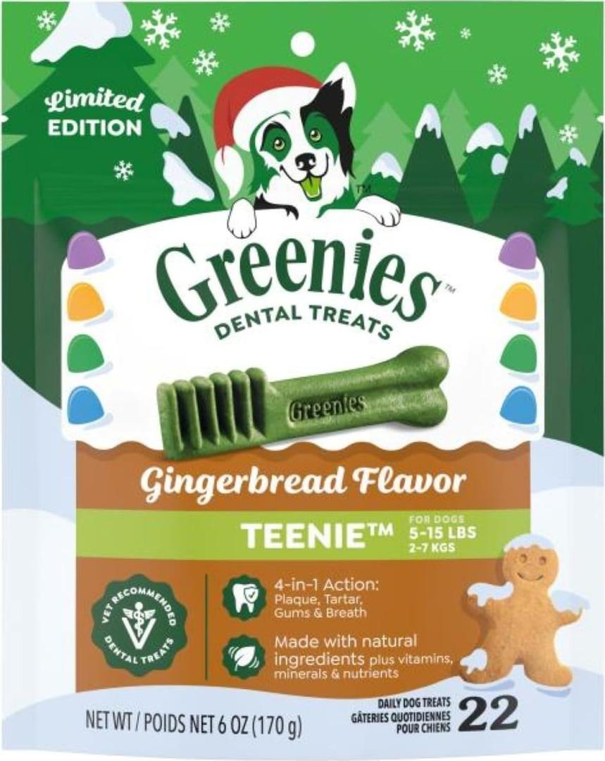 Greenies Teenie Natural Dental Dog Treats, Gingerbread Flavor, 22 Count (EXP 01/27/29)