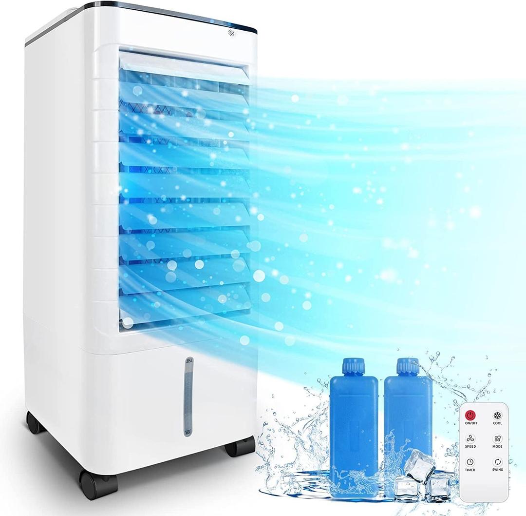 Evaporative Air Cooler, 3-IN-1 Windowless Portable Air Conditioner,Oscillation Swamp Cooler and Humidification-Includes Ice Packs-12 Hour Timer&Remote, Ideal for Home, Office, Bedroom, Kitchen (Pearl White)