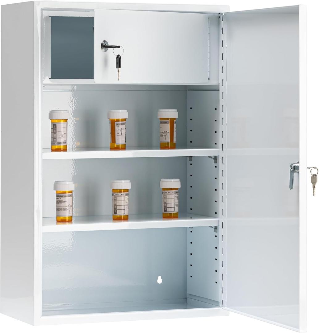 Locking Medicine Cabinet - Wall Medicine Cabinet with Lock Large, Double Door Medication Safe, Adjustable Shelf, White, 16" W x 24" H x 8" D