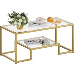 Wolawu Coffee Table Gold Glass Coffee Table for Living Room,2 Tiers Rectangle Center Table with Sturdy Metal Frame,Modern Tempered Glass Accent Table for Bedroom Home Office, 39.4x18.9x17.7 inches