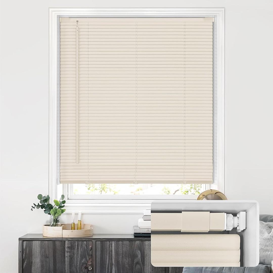 LazBlinds No Drill Blinds for Indoor Windows, Cordless 1" Vinyl Mini Blinds, Privacy S-Curve Blinds for Windows, Room Darkening Horizontal Window Blinds and Shades for Home, 39" W x 64" H, Beige