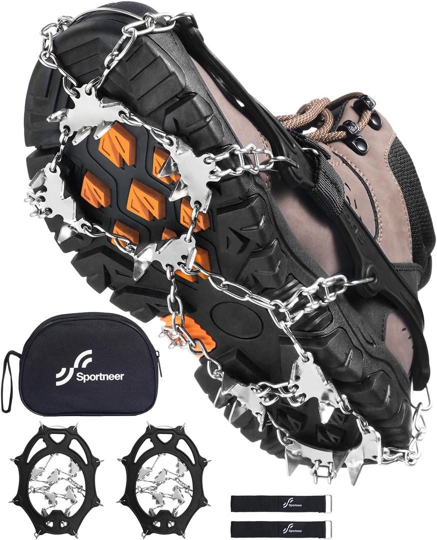 Sportneer Crampons Ice Cleats for Shoes and Boots with 28 Spikes - Traction Slip-on Stretch Footwear for Walking and Shoveling on Ice and Snow (Large, Black)