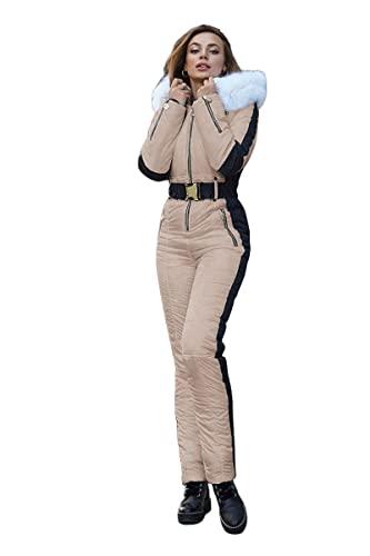 Yousify Women's Winter Onesie Ski Jumpsuits Outdoor Sports Waterproof Snowsuit Removable Faux Fur Collar Coat Jumpsuit, Small