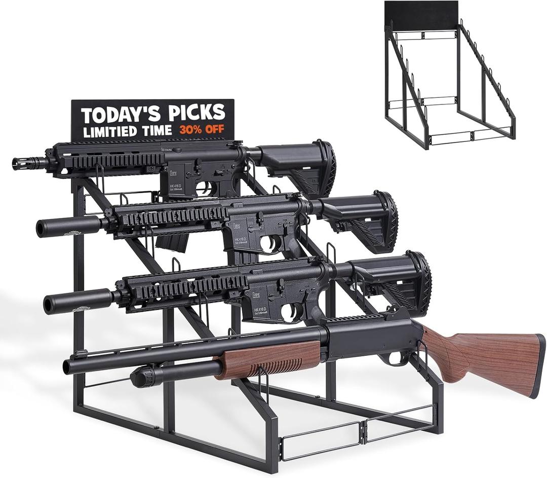 Gun Rack, Portable 6 Gun Storage, Foldable Metal Gun Holder, Rifle Rack, Indoor Gun Racks, for Countertop, Gun Shop, Exhibition, Vendor- with Message Board