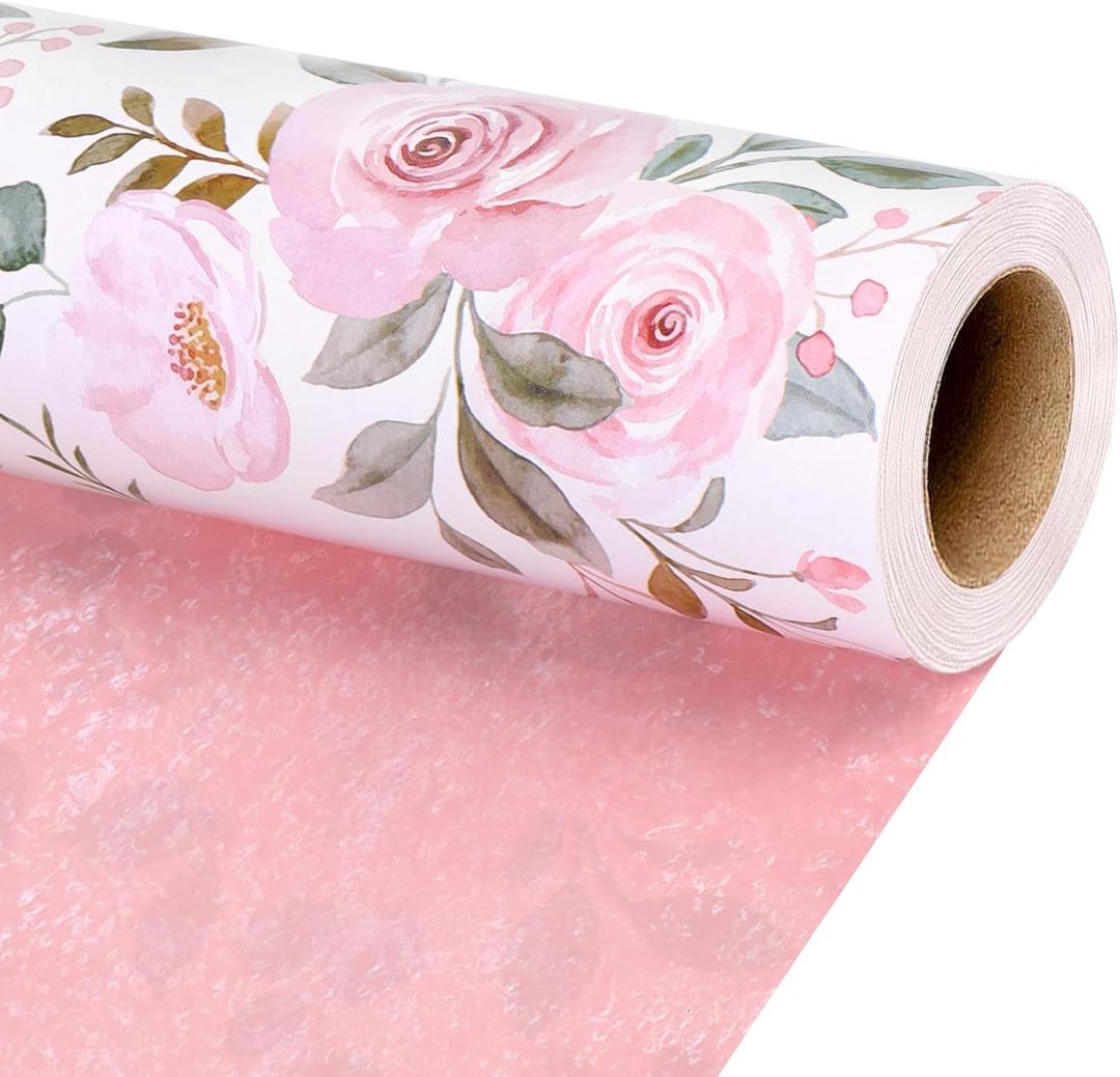 BIOBROWN Reversible Floral Wrapping Paper Roll - 17 Inches X 33 Feet (47 sq. ft. ttl.) Pink Watercolor Roses Design Flower Gift Wrap for Wedding, Bridal Shower, Mother's Day