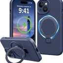 Compatible with iPhone 15 Plus Case Stand, Full Camera Protection Slim Liquid Silicone Phone Cases Fit for iPhone 15 Plus 6.7" Compatible with MagSafe Magnetic Ring Kickstand Case, Dark Blue