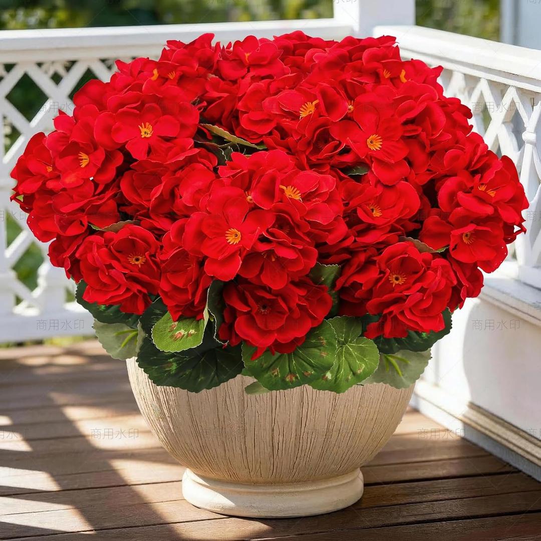 FULLMUSIC Artificial Flowers for Outdoor, UV Resistant Realistic Geranium Fake Flowers-Faux Flowers for Outdoor planters, Garden, Porch, Patio, Window Box Home Decor All Year Round (8 pcs, Red)