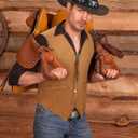 4 Pcs Western Cowboy Outfits for Men Suede Leather Vest Hat Bolo Tie Belt for Western Halloween Cosplay (Brown, L)
