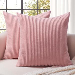 Softalker Decorative Throw Pillow Covers 16x16, Set of 2 Soft Corduroy Striped Boho Solid Pillow Cover, Modern Farmhouse Home Decor House Warming Gifts for Couch Sofa Bed Living Room, Light Pink