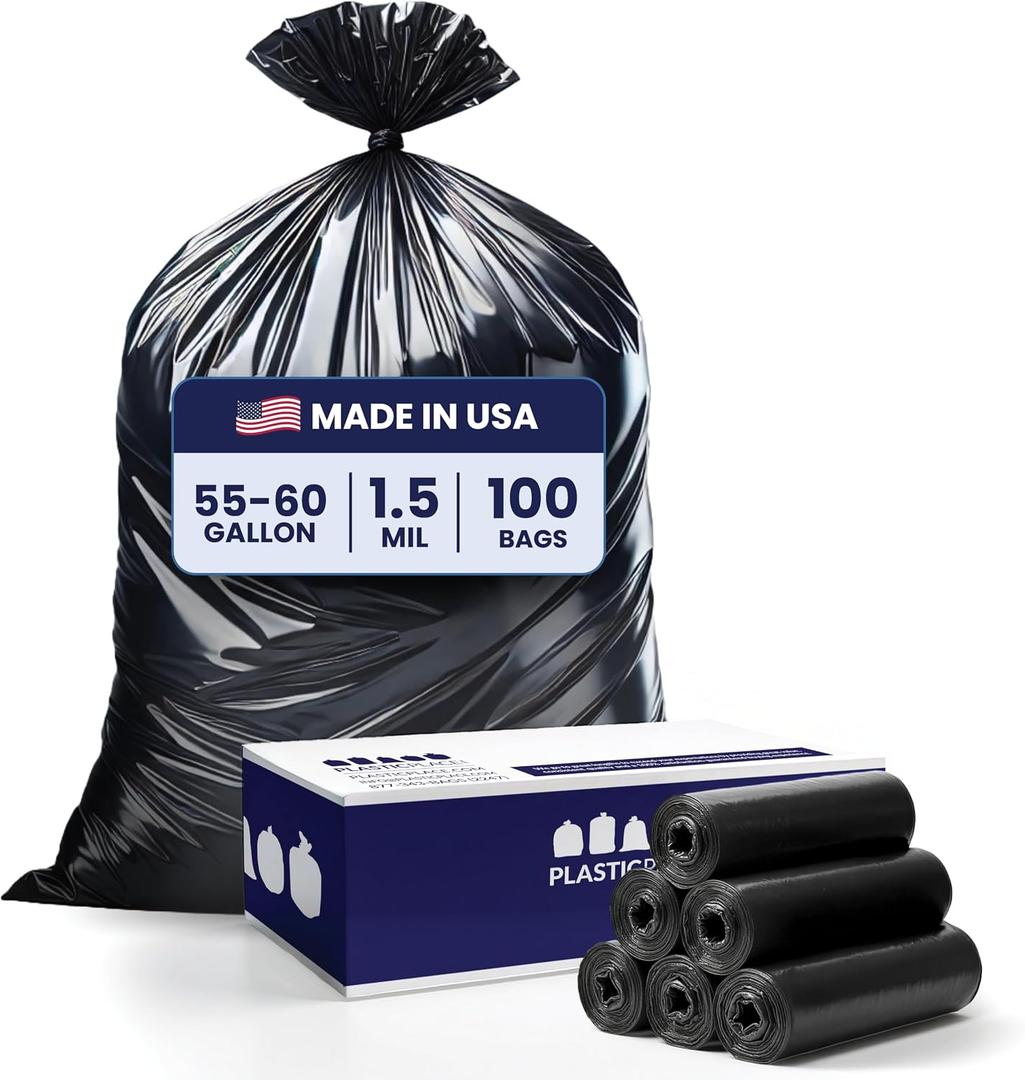 Plasticplace 55-60 Gallon Trash Bags, Heavy Duty, Black Garbage Can Liners, Puncture-Resistant Star Seal, 38" x 58", 100 Count for Warehouse, Kitchen, and Outdoor Use 1.5 Mil