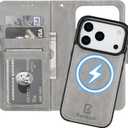 Bocasal for iPhone 17 Pro Wallet Case Compatible with MagSafe Wireless Charging, RFID Blocking Magnetic Leather Case with Card Slots Holder Kickstand Detachable Wrist Strap 6.3 Inch (Grey)