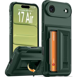 Oterkin for iPhone Air Wallet Case [4-5 Card Holder] [RFID Blocking][Full Camera Protection] [Kickstand] [Military Grade Protection] Shockproof Rugged Phone Case for iPhone 17 Air 6.5 inch, Dark Green