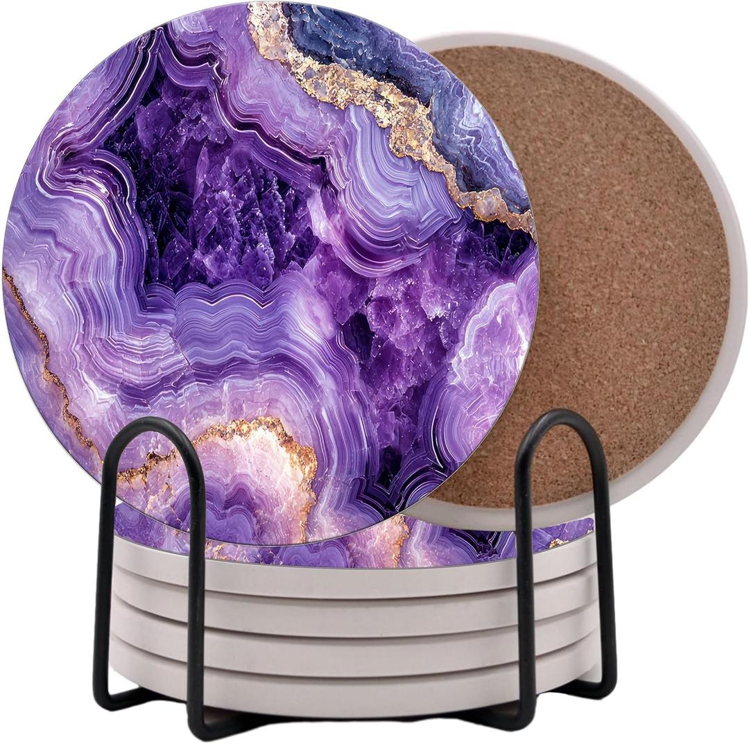 Purple Agate Marble Round Coasters Set of 6 - Abosrbent Ceramic Coasters with Metal Stand for Drinks, Coffee, Non-Slip Cork Back for Tabletop Protection, 4 Inches Marbled Pattern (Amethyst)