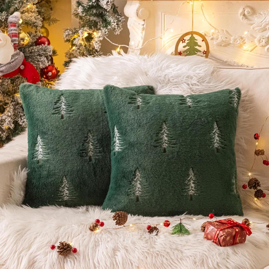 AQOTHES Christmas Tree White Throw Pillow Covers 18x18, Soft Faux Fur Embroidered Throw Pillows for Couch Sofa Cushion Covers Holiday Home Decor