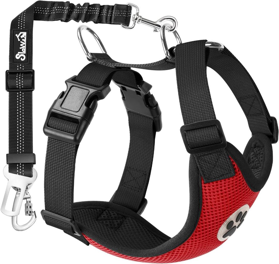 SlowTon Dog Seat Belt Harness for Car, Dog Car Harness Adjustable Mesh Breathable & Dog Seatbelt Safety Tether with Elastic Bungee for Pets(Red, Double Clip, M)