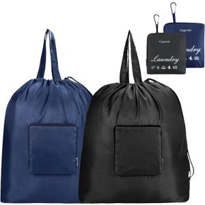 GOGOODA Travel Laundry Bags with Drawstring Closure XL Large Foldable Dirty Clothes bags with Handle Heavy Duty and Washable for College Dorm Travelling Camping, 2 Pack, Black & Dark Blue