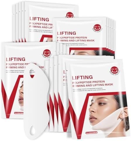 YAFUSIPE V Line Face Lifting Mask, 9 Pack V Line Chin Strap Lifting Double Chin Reducer, Polypeptide Protein Collagen Neck and Face Slimming Masks, Hydrating Neck Sheet Mask for Women Tightening