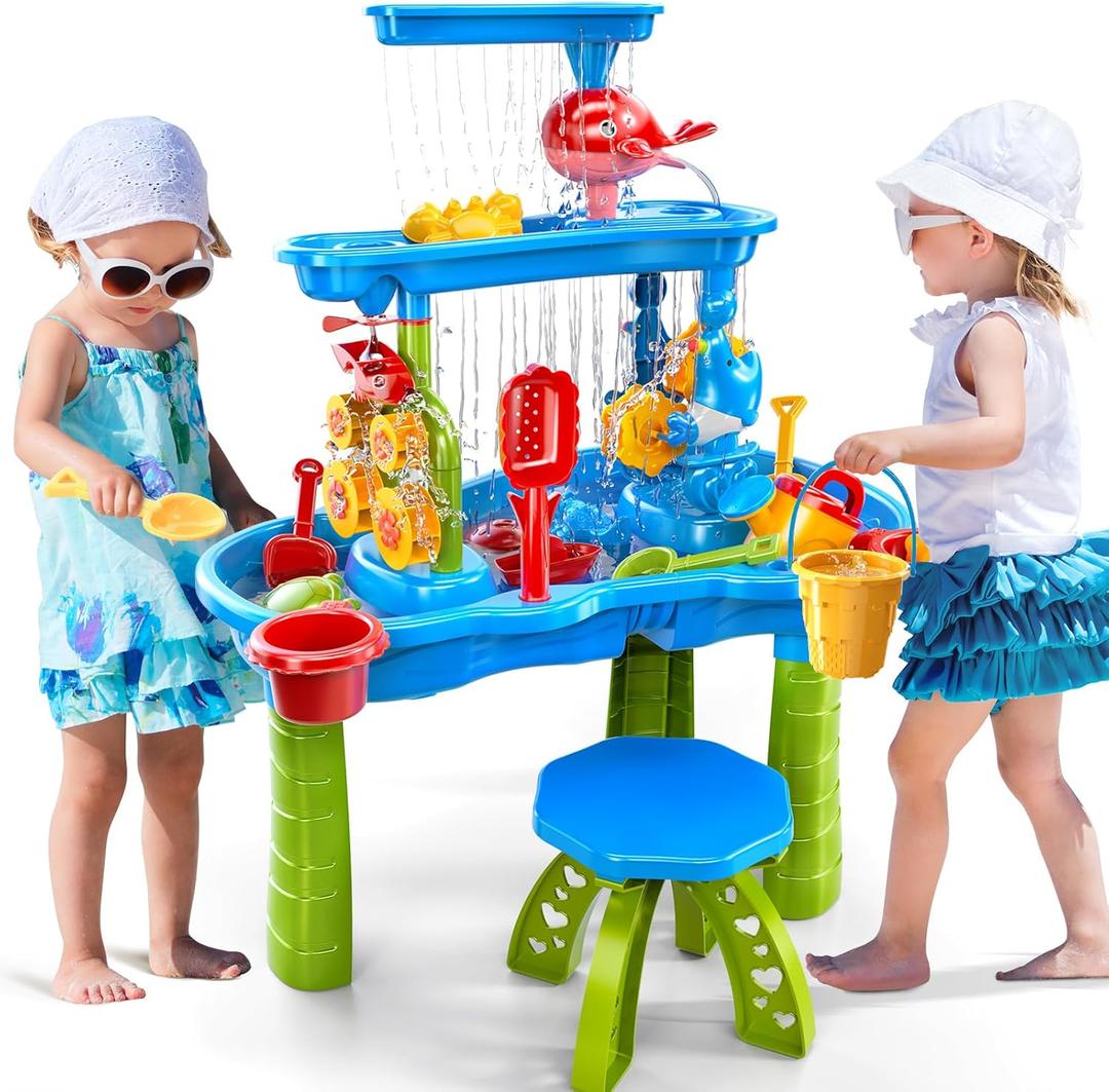 Water Table for Toddlers 3-5, 3-Tier Kids Sand Water Table, Water and Sand Activity Sensory Tables Summer Outdoor Toys Beach Toys for Outside Backyard for Kids Toddlers Age 3 4 5 6 7 8