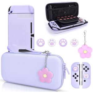 DLseego Switch Case Set Carrying Case with 10 Slots Cute Protective Dockable Hard Shell with 4PCS Glitter Cat Paw Thumb Grips Caps and 1PC Flower Blossom Chain For Switch 2017 (Purple)