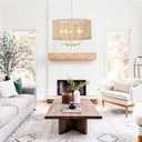 5-Light Gold Hand-Woven Rattan Chandelier Large Farmhouse Boho Chandeliers with Wicker Shade Rustic Drum Light Fixtures for Dining Room Kitchen Living Room Foyer Entryway Hallway, E12