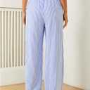 Women's Striped Print Straight Wide Leg Linen Pants Drawstring Waist Slant Pockets Pants Casual Long Pants (Blue, XL)
