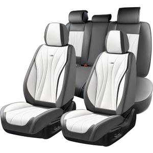 Coverado Front and Back Seat Covers, Waterproof Car Seat Cover, 5 Seat Leather Seat Cover for Cars, Universal Car Seat Protector, Automotive Seat Cover Car Seat Cushion Fit for Most Cars (Gray&White) (Fullset)