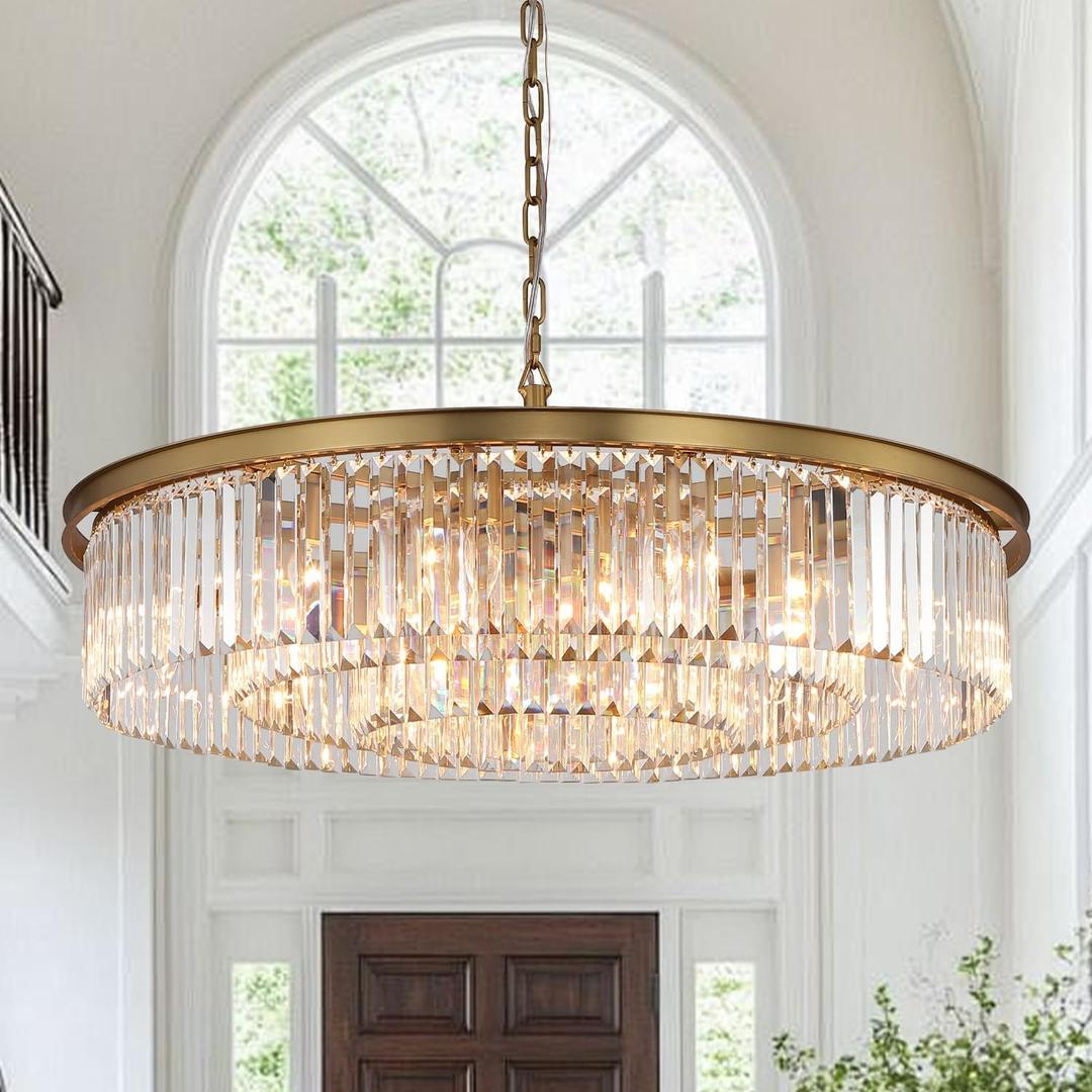 Large Crystal Chandelier Modern Luxury Pendant Ceiling Lights Fixture Antique Gold Chandelier for Dining Room Living Room 12-Lights 3-Tier Raindrop Chandeliers Lighting (Gold, Dia 31 Inch)