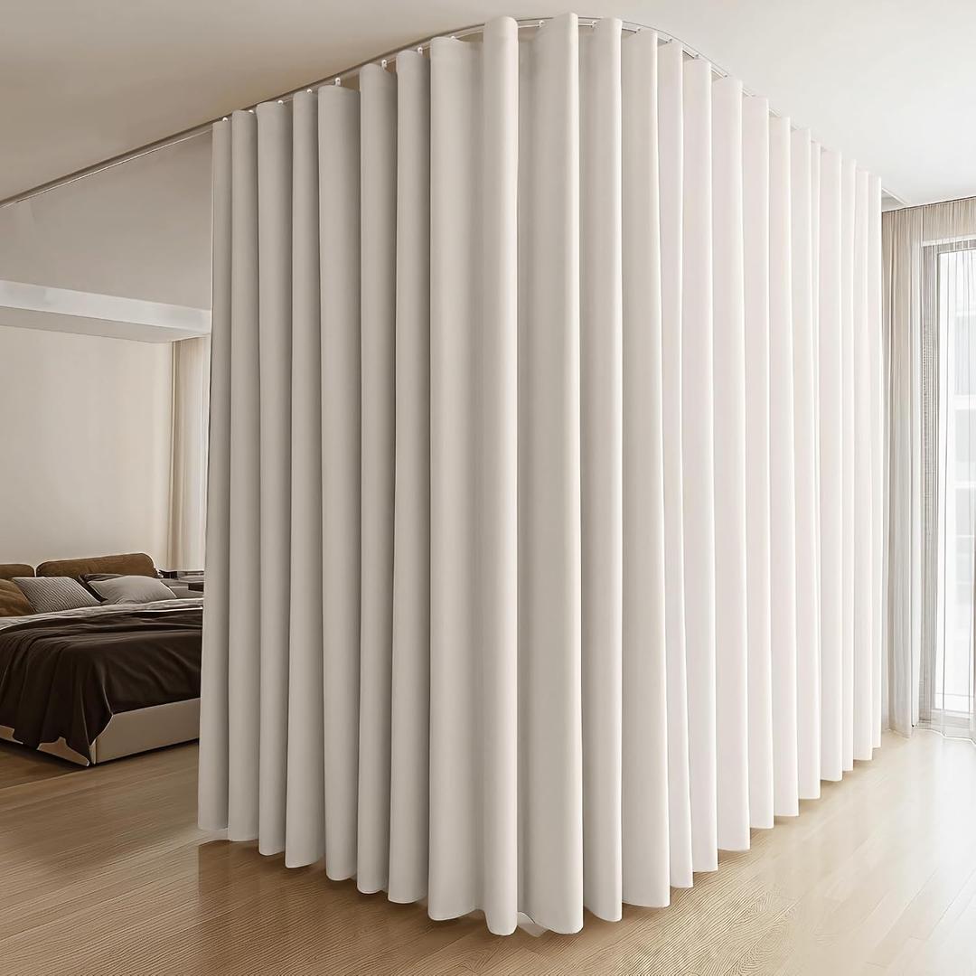 MaKefeile Room Divider Curtains & Flexible Bendable Tracks Set,Privacy Dividers Ceiling Track Curtain Window Blackout Curtains for Living Room Bedroom (W100 × H84 in 1 Panel Beige Drape & White Rail)