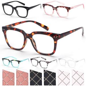6 Pack Fashion Reading Glasses for Women Men Blue Light Blocking Oversized Square Readers with Spring Hinge
