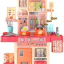 Play Kitchen for Toddlers, Kids Kitchen Playset Toddler Girl Toys with Cooking Stove Steam, Sink and Food Pretend Cooking Set Toy for 3 4 5 Year Old Kid Birthday (Red), Large