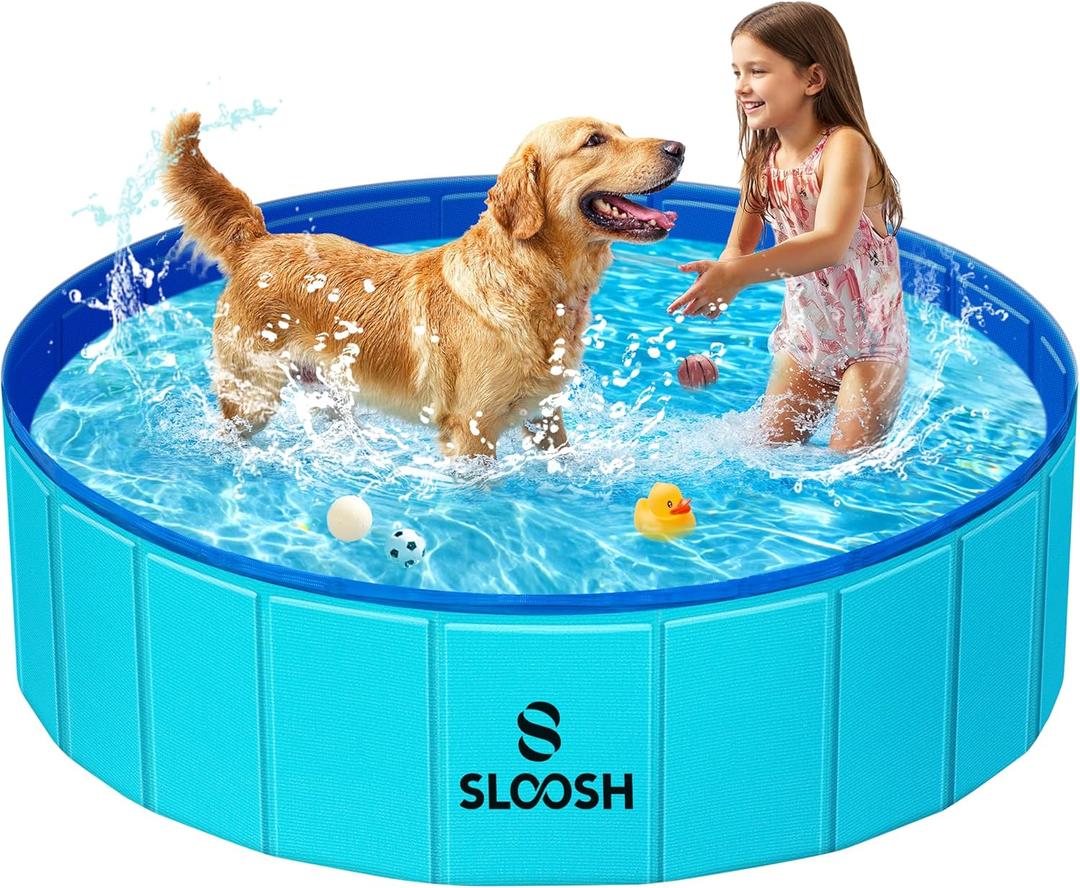 Sloosh Foldable Dog Kiddie Pool - Portable Hard Plastic Doggie Swimming Pool, Anti-Slip Collapsible Pets Bath Tub Suitable for Kids Indoor Outdoor Backyard Use (48" x 12", Blue)