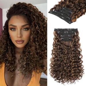 REECHO Curly Hair Extensions - 4PCS 14" GoGo Curly Clip in Hair Extensions 100% Super Protein Hairpieces with Invisible Lace Weft Silky Soft Natural Look - Chocolate Brown with Golden Highlights