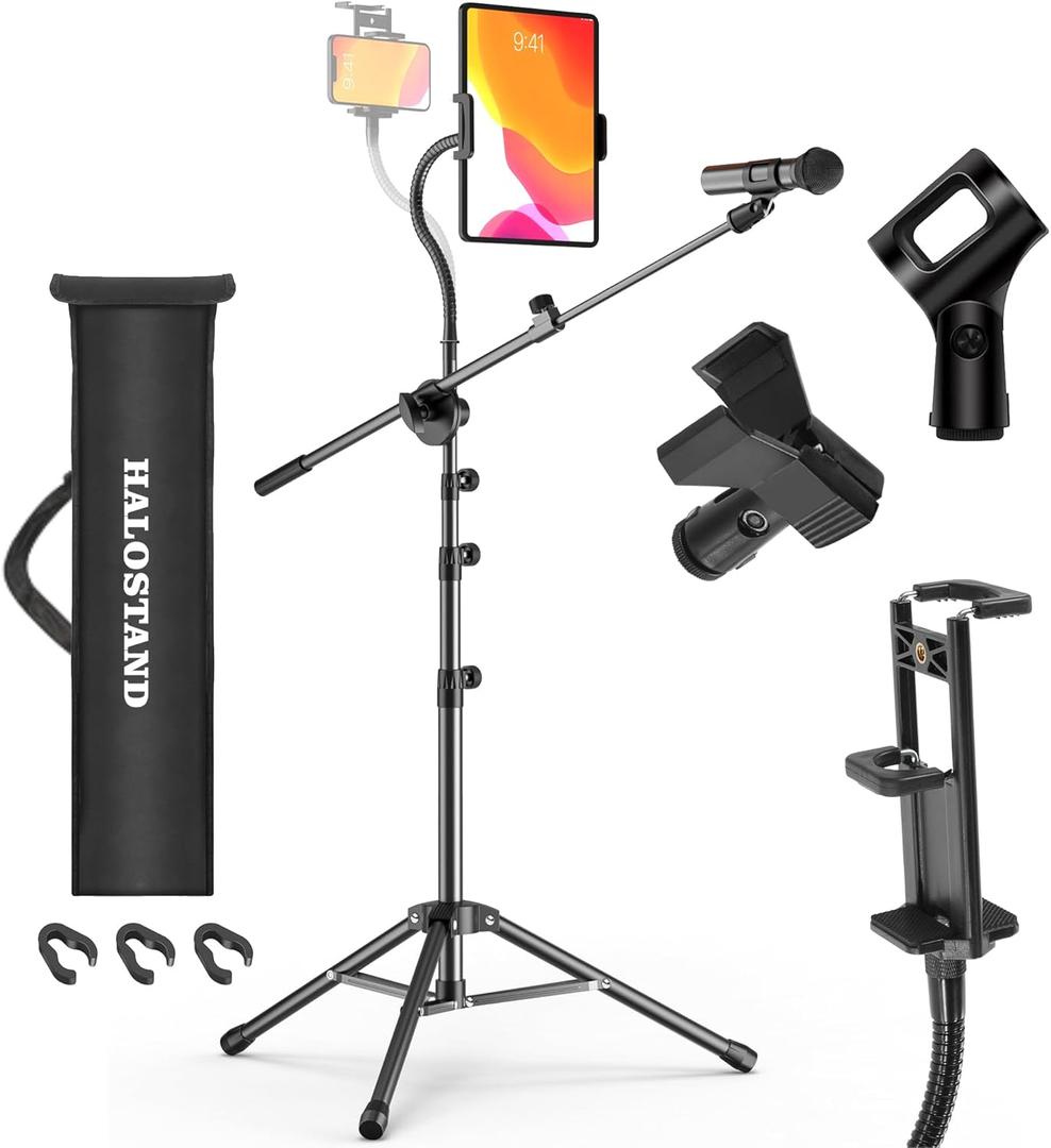 Microphone Stand with IPAD Clip, Floor Foldable Mic Stand with Phone Clip, Heavy Duty Tripod Boom Arm with 2 Mic Clips and Carrying Bag for Singing Karaoke Stage