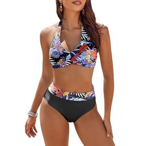 AI'MAGE Women's High Waisted Bikini Sets Tummy Control Swimsuits 2025 Two Piece Bathing Suits Color Block Halter Swim Suits, Tropical Printed, Large